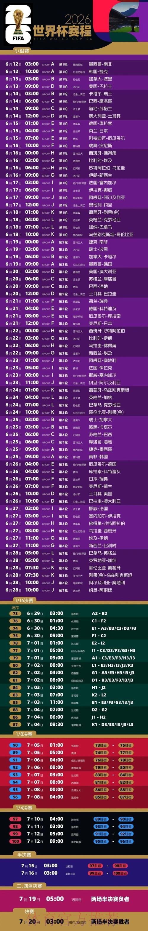 2026世界杯比赛时间及赛程查询详情